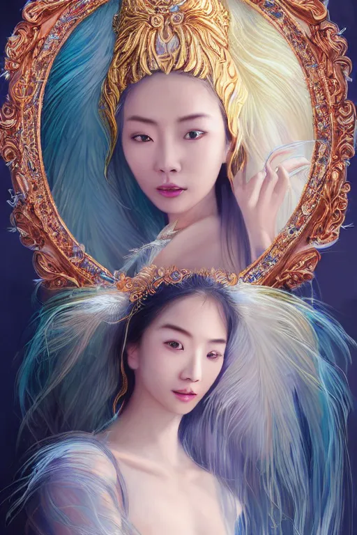 Prompt: a beautiful young asian woman, Queen of the Sea Mu Yanling, long flowing white hair, blue yellow robe with wide feather like quality, water flowing and floating around, young female face, liquid magic, cinematic top lighting, insanely detailed and intricate, face by wlop, Charlie Bowater, golden ratio, symmetric, elegant, ornate, luxury, elite, matte painting, MTG, magic the gatheing, cinematic, cgsociety, 8k, high resolution,