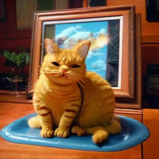 Image similar to “Garfield the cat is in a far side Gary Larson cartoon, comic strip cartoon style, 80s, humorous. ”