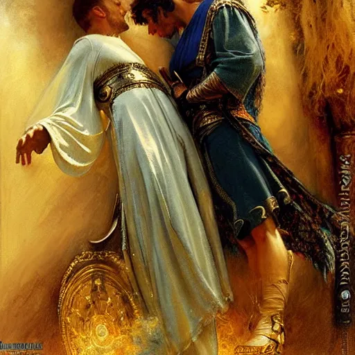 Image similar to stunning arthur pendragon in love with stunning male merlin the mage. they are close to each other, touching, looking. highly detailed painting by gaston bussiere, craig mullins, j. c. leyendecker