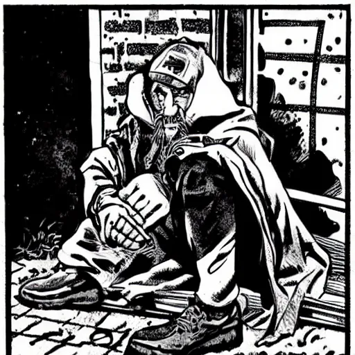 Prompt: sad anti-hero homeless person by Todd McFarlane