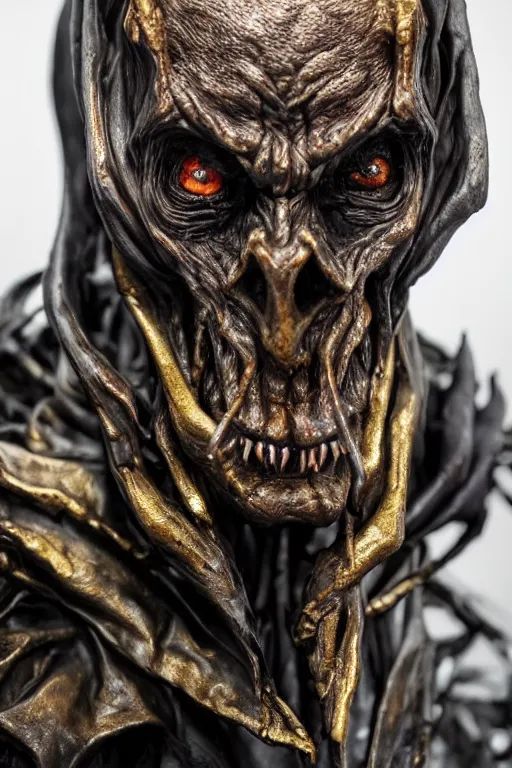 Prompt: photo taken of an epic intricate, ultra detailed, super realistic sculpture of a nightmarish hellish demonic hooded grim reaper sculpture on display in a workshop, created by weta workshop, head shots, photorealistic, sharp focus, f 0. 4, face centred, golden ratio