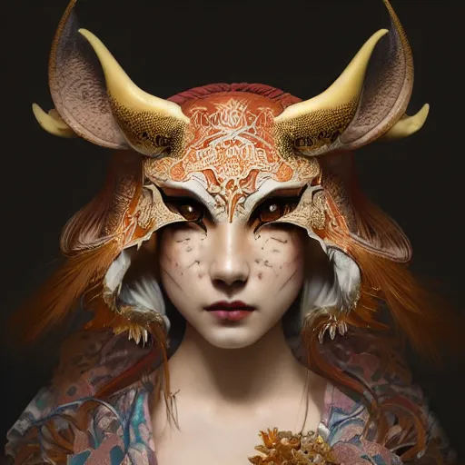 Image similar to a photorealistic dramatic fantasy render of a beautiful woman wearing a beautiful intricately detailed japanese cow kitsune mask and clasical japanese kimono by wlop, artgerm, greg rutkowski, alphonse mucha, beautiful dynamic dramatic dark moody lighting, shadows, cinematic atmosphere, artstation, concept design art, octane render, 8 k