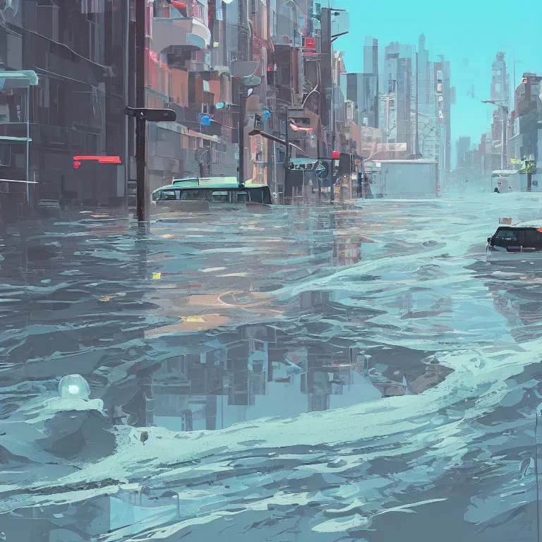 Image similar to morning flood in an empty city, , painted by James Gilleard, airbrush