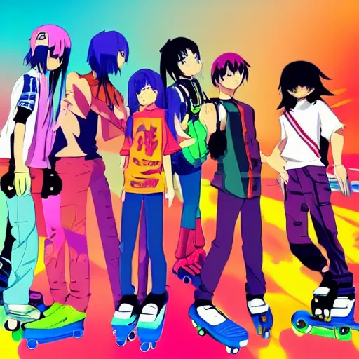 Image similar to gang of anime youths rollerblading, rollerskating, colorful clothes, 2 0 0 1 anime, flcl, jet set radio future, golden hour, japanese town, cel - shaded, strong shadows, vivid hues, y 2 k aesthetic