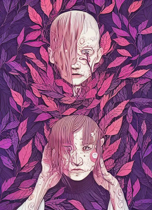 Image similar to portrait, nightmare anomalies, leaves by miyazaki, violet and pink and white palette, illustration, kenneth blom, mental alchemy, james jean, pablo amaringo, naudline pierre, contemporary art, hyper detailed