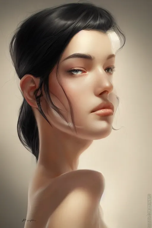 Prompt: side view of a beautiful black haired pale woman, by artgerm, by studio trigger, by wlop, realistic, soft light, warm colors