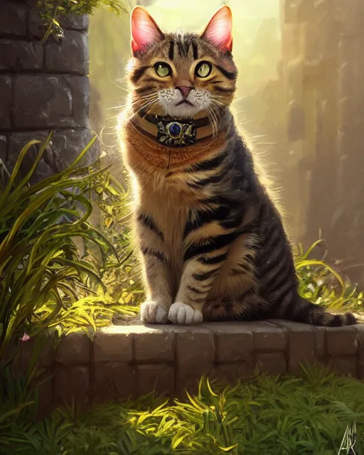 Prompt: A tabby cat sitting on a garden wall, deep focus, D&D, fantasy, intricate, elegant, highly detailed, digital painting, artstation, concept art, matte, sharp focus, illustration, hearthstone, art by Artgerm and Greg Rutkowski and Alphonse Mucha