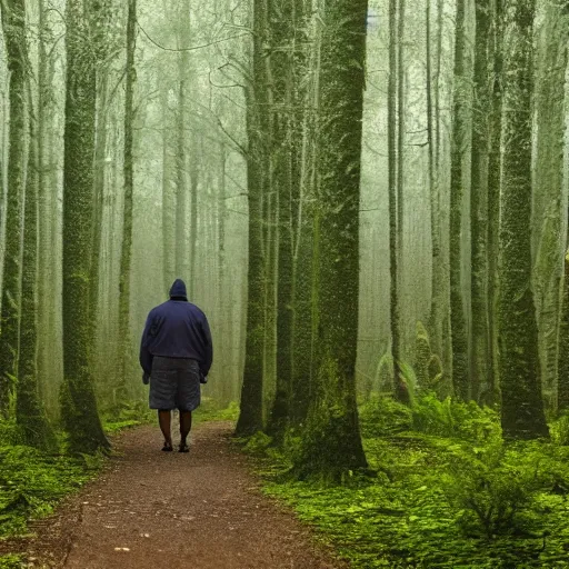 Image similar to A giant man walking through a forest at night, small shack in the distance, long shot angle