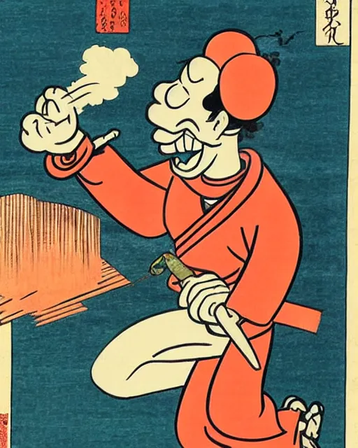 Image similar to popeye smoking crack, ukiyo-e art