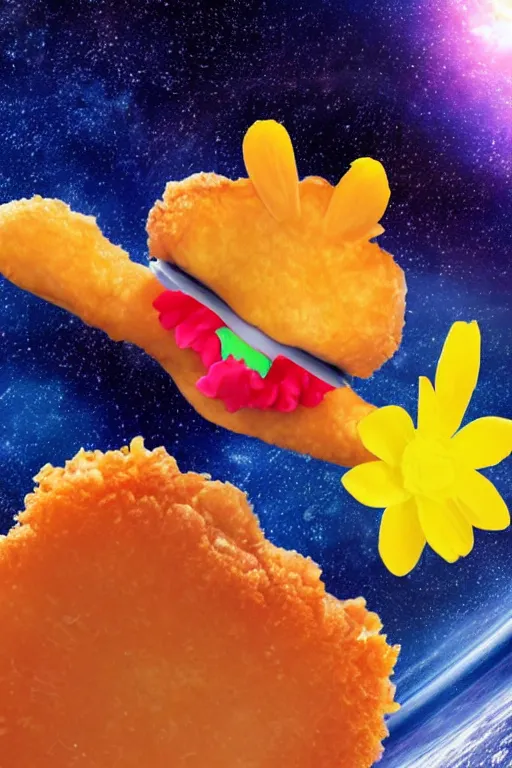 Prompt: A flower with a mouth eating a chicken nugget in space