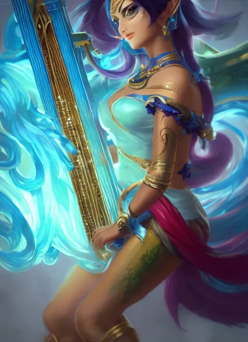 Image similar to sona, from league of legends, with an harp, hyper detailed, digital art, trending in artstation, cinematic lighting, studio quality, smooth render, unreal engine 5 rendered, octane rendered, art style by klimt and nixeu and ian sprigger and wlop and krenz cushart