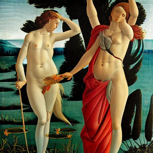 Image similar to sandro botticelli painting of daisy ridley as venus in a lush pond