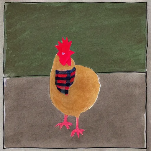 Image similar to A chicken wearing a scarf,