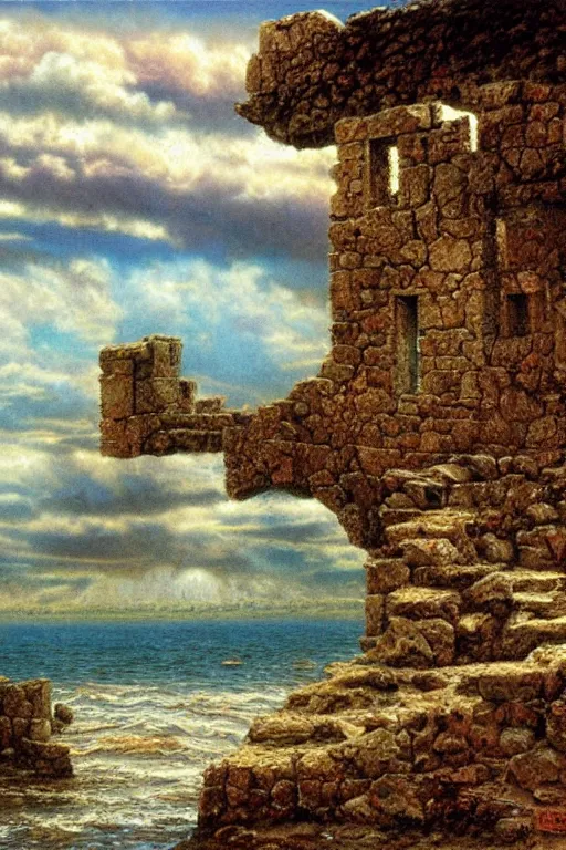 Image similar to ruins by the sea, fantasy puffy sky, matte painted by bob eggleton