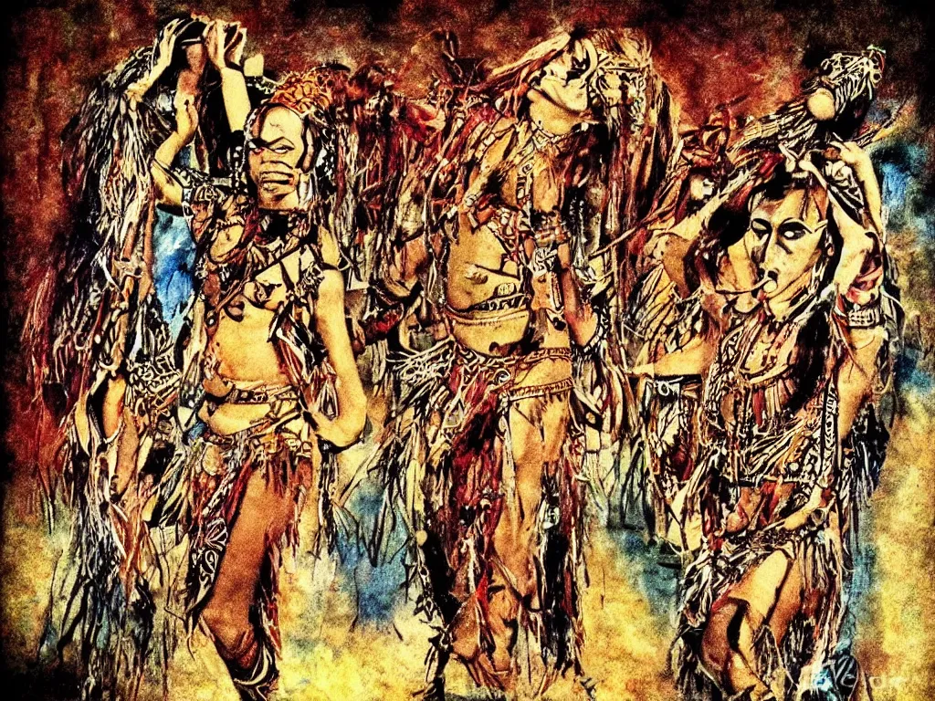 Image similar to surreal, tribal dance, art by phil tyler, dali, grunge filter effect