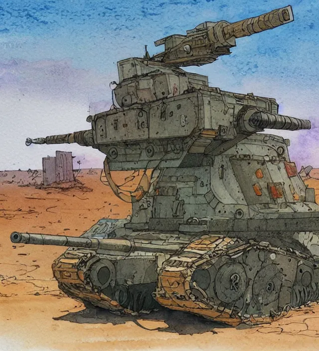 Image similar to a 3 / 4 view watercolor ink painting of a post - apocalyptic tank in the style of jean giraud in the style of moebius trending on artstation deviantart pinterest detailed realistic hd 8 k high resolution