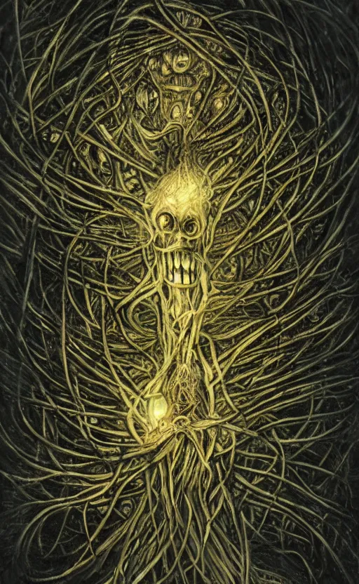 Image similar to portrait of lovecraftian onion surrounded by beams of light dark background by wayne barlow, stanley donwood, anton semenov, zdzislaw bekinski, hr giger, 8 k, fantasy, dark, highly detailed