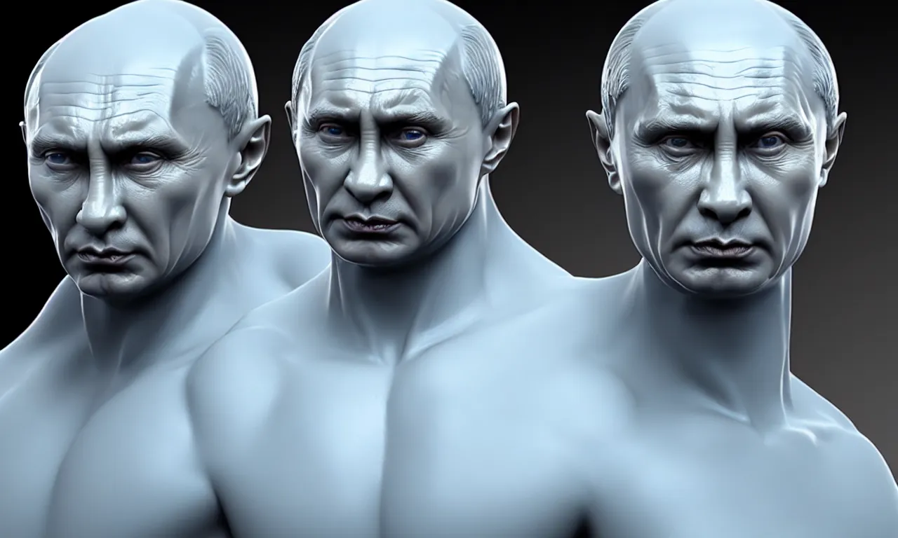 Prompt: strong translucent wax vladimir putin alien casted in reflective epoxy resin box, subsurface scattering, high detail, small features, from new movie by digital domain and weta digital, strong ambient occlusion