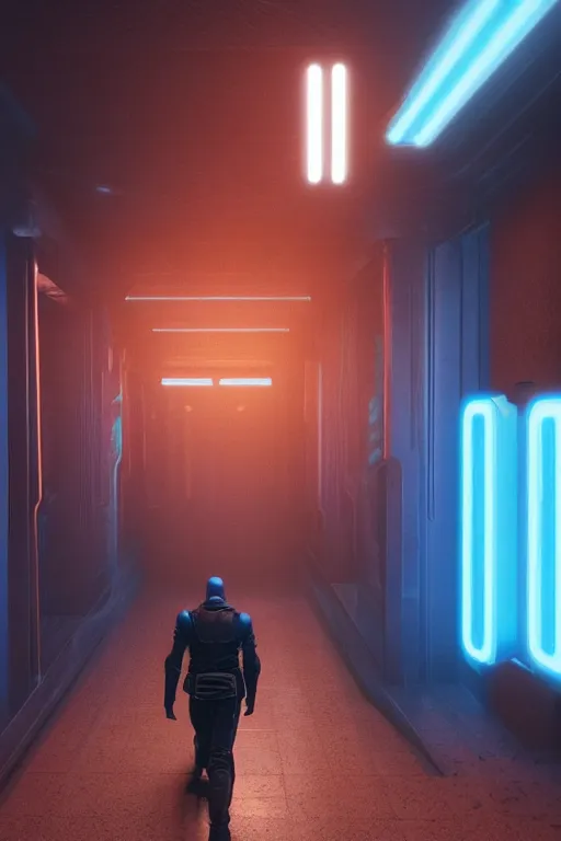 Image similar to in a dark corridor, a human in a still suite from dune in front of a snack machine and taps the keypad, his profile and face lit up by the blue neon light of the machine in front of him, blade runner style, gloomy mood, hyper-realistic environment,Epic concept art. Octane render and Unreal Engine