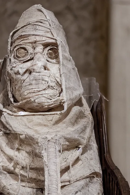 Prompt: mummified pope in his throne at the vatican, desiccated, close - up portrait, pontiff hat, mitre pretiosa, hyper realistic, sharp focus, highly detailed