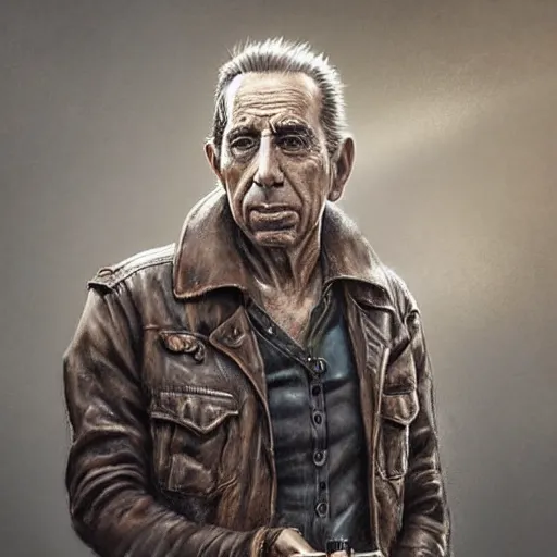 Prompt: a highly detailed epic cinematic concept art CG render digital painting artwork costume design: beareded Humphrey Bogart, old scars, long hair, grizzled, tired, in an old 1950s leather jacket, with a bottle of whisky in hand. By Greg Rutkowski, Ilya Kuvshinov, WLOP, Stanley Artgerm Lau, Ruan Jia and Fenghua Zhong, trending on ArtStation, made in Maya, Blender and Photoshop, octane render, excellent composition, cinematic atmosphere, dynamic dramatic cinematic lighting, aesthetic, very inspirational, arthouse