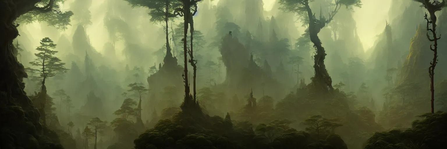 Image similar to Mysterious beautiful Buddhist forest, matte painting by Peter Mohrbacher, featured in artstation, octane render, cinematic, elegant, intricate, 8k