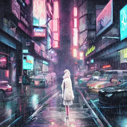 Prompt: white anthropomorphic female vulpes vulpes fulva, smoking a cigarette in the rain, in crowded and wet street of a city, cyberpunk, harsh neon lights, highly detailed, digital painting, trending on artstation, concept art, sharp focus, illustration, art by artgerm and greg rutkowski and magali villeneuve