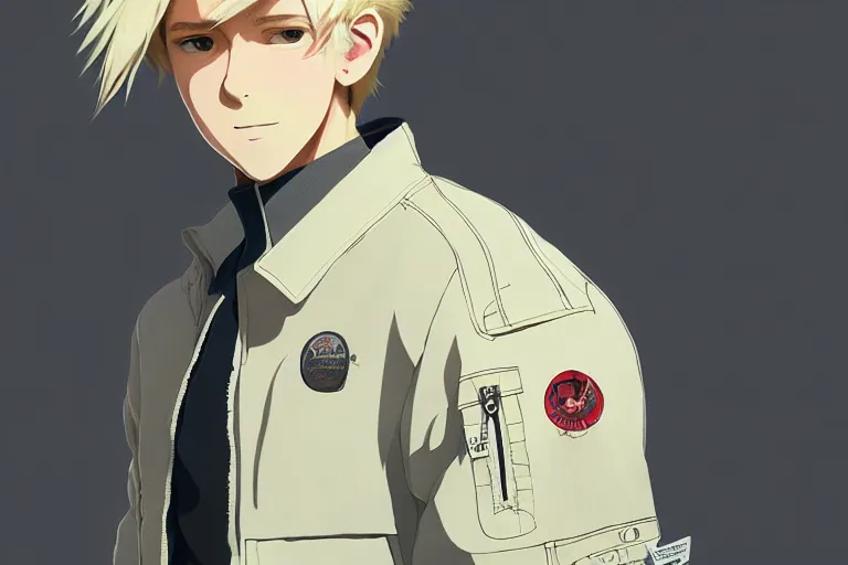 Image similar to character sheet of handsome young man wearing ma - 1 flight suit jacket and work pants, blonde hair, by greg rutkowski and studio ghibli, digital art, trending on artstation, highly detailed, concept art, beautiful, masterpiece