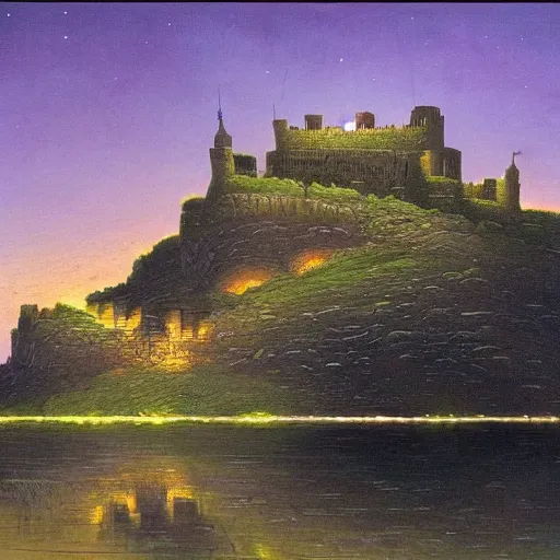 Prompt: fortress on a hill in a lake at night, Darrell k sweet