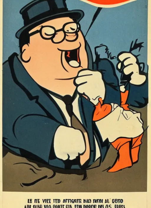 Prompt: creepy peter griffin, 1940s scare tactic propaganda art