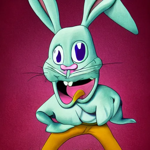 Image similar to A extremely highly detailed majestic hi-res beautiful, highly detailed portrait of a scary terrifying creepy cartoon rabbit evil smiling standing up wearing pants and a shirt in the style of Walt Disney animation