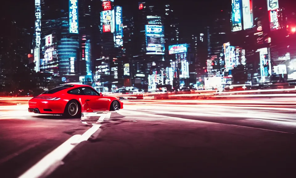 Prompt: photo of a porsche 911 at night drifting through a city, cinematic, 4k, long exposure photography, tokyo drift, fast and furious, film still, night photography, motion blur, lens flare, movie shot, light trail, distortion, wide angle