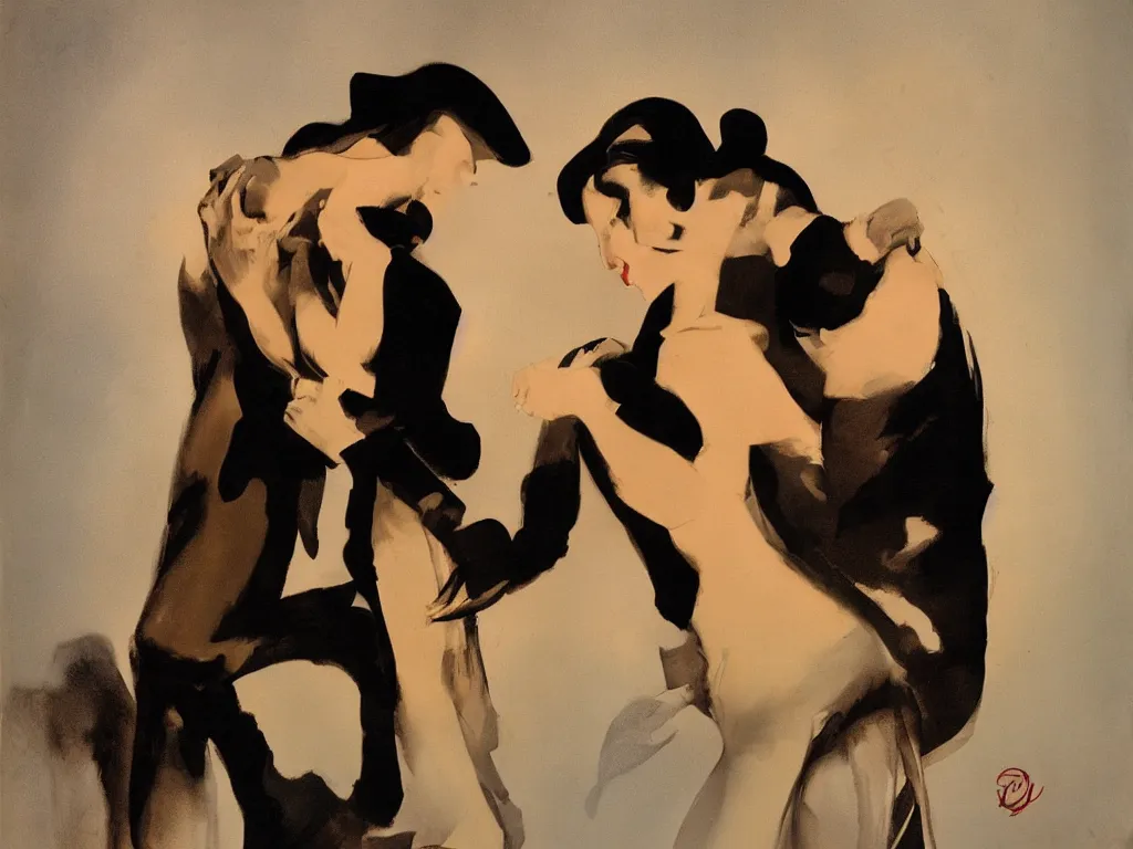 Image similar to A love story between a man and his shadow,painted in the style of Rolf Armstrong