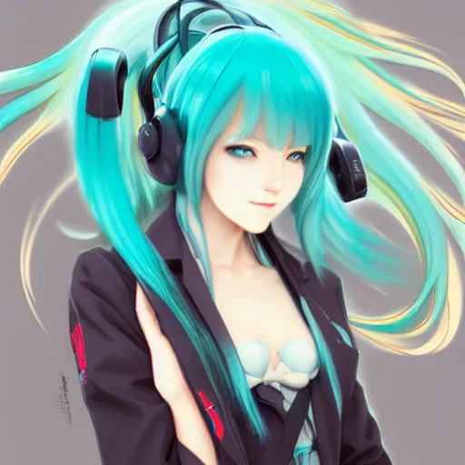 Image similar to hatsune miku using computer, illustration, art by artgerm and greg rutkowski and alphonse mucha