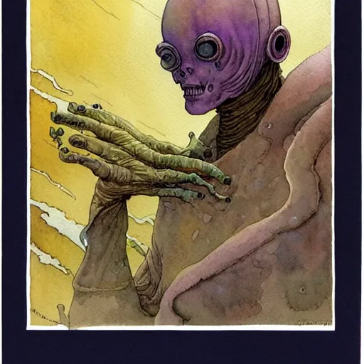 Image similar to a simple and atmospheric watercolour portrait of a pulp sci - fi alien from another dimension, very muted colors, by rebecca guay, michael kaluta, charles vess and jean moebius giraud