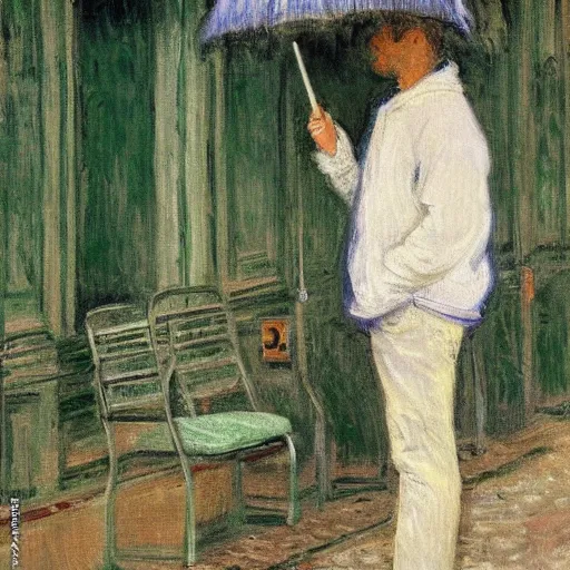 Prompt: painting of a guy with white hoodie and headphones at a bus stop in genoa rainy day by monet