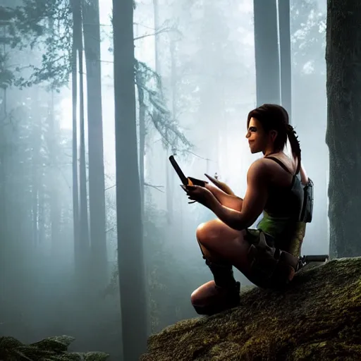 Prompt: lara croft thicc, sitting looking at her phone in a dark foggy forest, big bust, phone lighting, aesthetic,