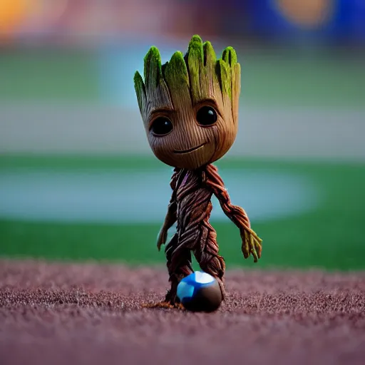 Image similar to baby groot playing football for the denver broncos, macro lens, low angle