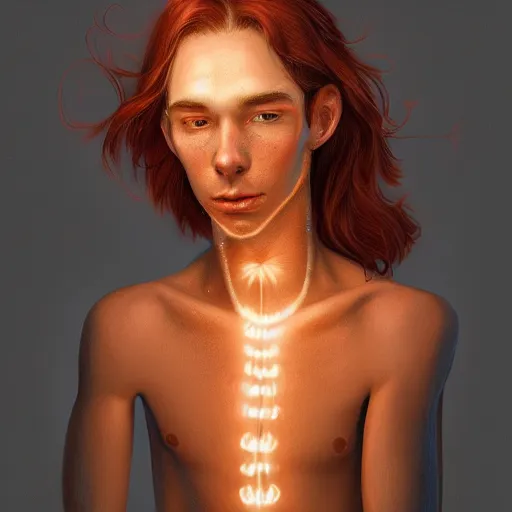 Image similar to portrait of a thin young man with long red hair, ponytail, a lot of freckles on his face, intricate, elegant, glowing lights, highly detailed, digital painting, artstation, concept art, smooth, sharp focus, illustration