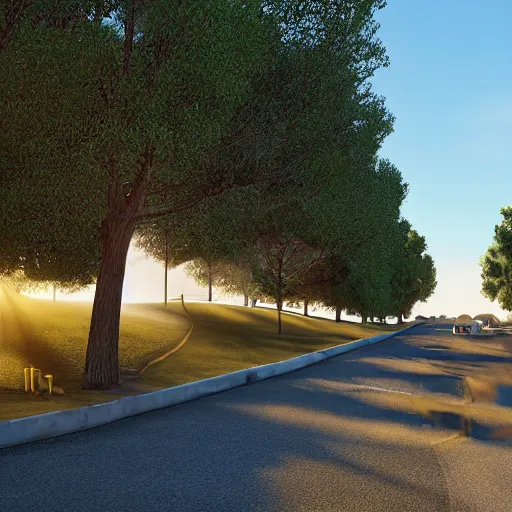 Image similar to neighborhood street, golden hour, golden sunshine, trees over road, shining sun in distance, trees, juniper trees, oak trees, cars parked in street, long street, distance, cel - shaded, raytracing, cel - shading, toon - shading, unreal engine 5