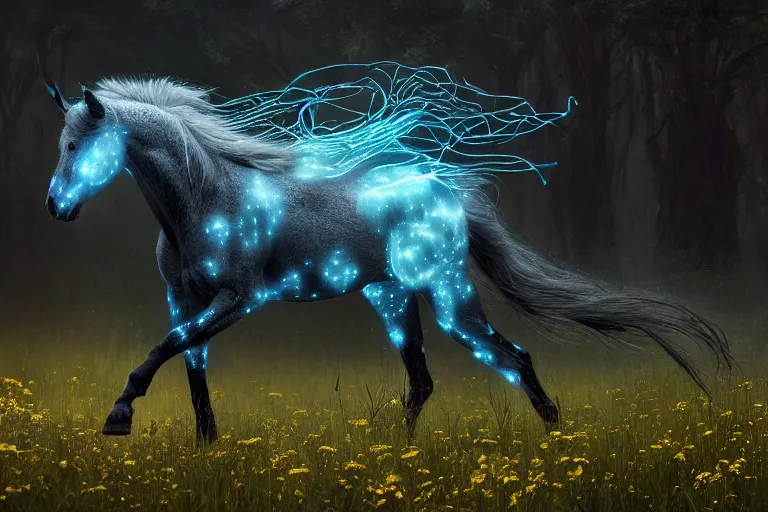 Prompt: a stunning horse with a mane of bioluminescent vines and flowers running through a meadow by greg rutkowski, high key lighting, volumetric light, digital art, highly detailed, fine detail, intricate, ornate, complex, octane render, unreal engine, photorealistic