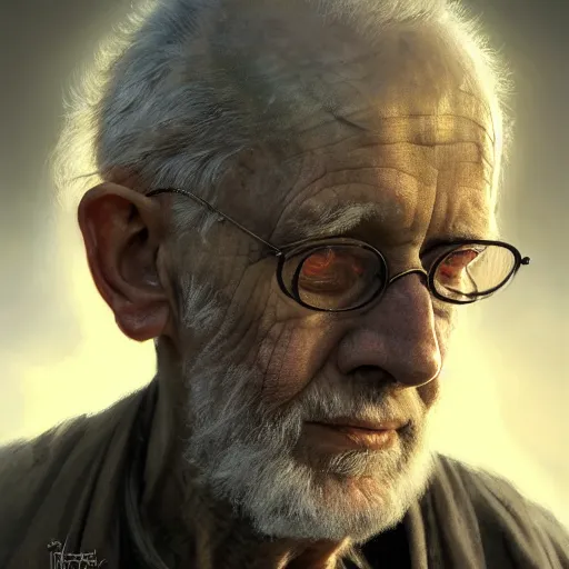 Image similar to portrait painting of a post - apocalyptic blind older american man wearing monk garbs, ultra realistic, concept art, intricate details, eerie, highly detailed, photorealistic, octane render, 8 k, unreal engine. art by artgerm and greg rutkowski and charlie bowater and magali villeneuve and alphonse mucha