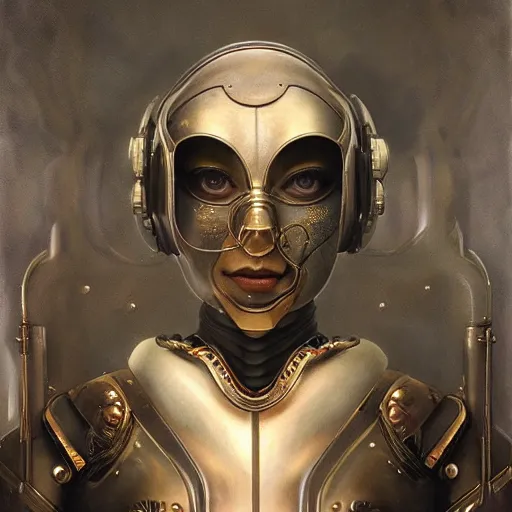 Image similar to tom bagshaw, curiosities carnival fallout, photorealistic medium shot soft paint of a single beautiful bald female full long futuristic metallic armor ornate tight metal tentacles helmet, face, gynoid cyborg body, accurate features, focus, very intricate ultrafine details, award winning masterpiece