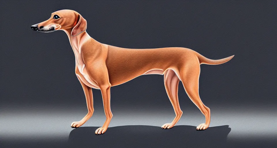 Image similar to a digital painting of a greyhound - sausage dog hybrid, isolated, hyperealism, award winning, stunning, trending on art - sation, highly detailed, cinematic lighting, 8 k, hd