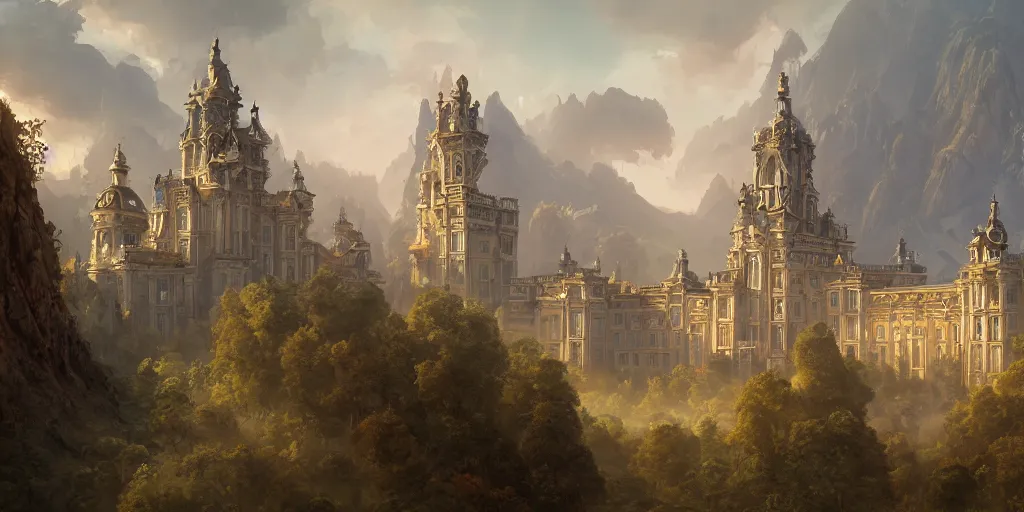 Image similar to a rococo palace in a valley, with a gigantic futuristic church and towers, fortress, morning, andreas rocha, artstation, matte painting