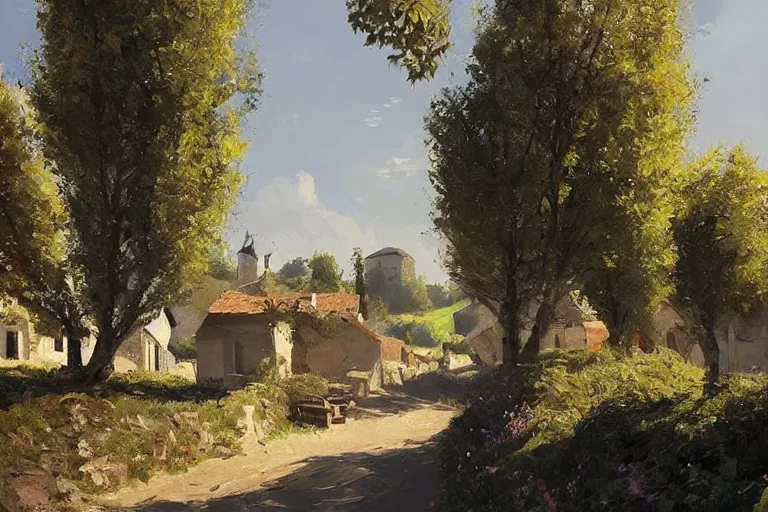 Prompt: a beautiful landscape of a tiny futuristic village in the french countryside during spring season, painting by lorenzo lanfranconi hd, nice spring afternoon lighting, smooth tiny details, soft and clear shadows, low contrast, perfect