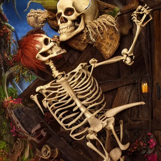 Prompt: pirate skeleton drinking beer by Annie Leibovitz M.W. Kaluta, josephine wall, green wood, nature, 8k resolution, octane render, Trending on artstation, by Justin Gerard and Haeckel. Artstation, volumetric light