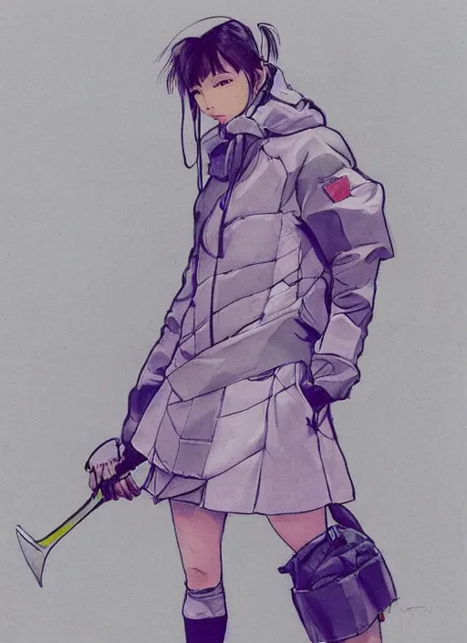 Prompt: a yoji shinkawa full body sketch of tennis player girl holding a sword wearing a puffy anorak, short purple skirt and yeezy 5 0 0 sneakers