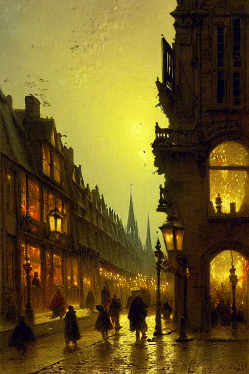 Prompt: detailed painting of a street of saint malo after a bombing, lanterns glowing, dusk, filigree ornaments, andreas achenbach