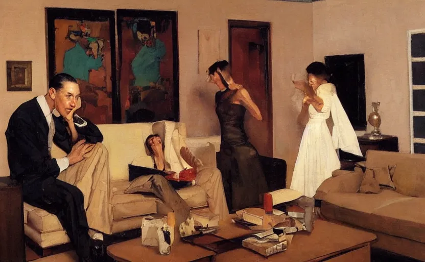 Image similar to a thin man cowers in a corner whilst his wife stands on a coffee table in a dark living room, painted by phil hale and rick berry and norman rockwell and dean cornwell and tom lowell, highly detailed